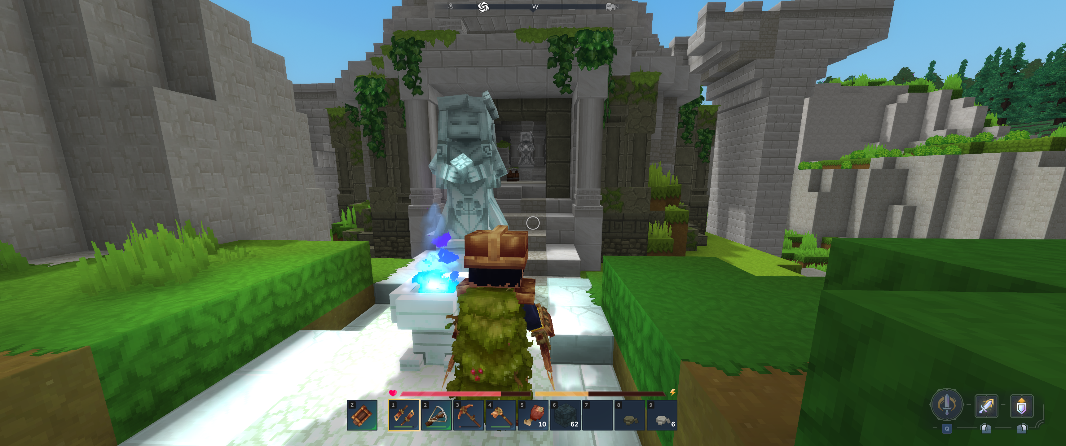 The Forgotten Temple entrance with its distinctive statue and blue fire brazier